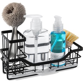 COCOBOSS Sink Organiser, Kitchen Organiser, Sink Sponge Holder, Premium Stainless Steel Sink Organiser, Kitchen with Removable Drip Tray and Non-Slip Strips, Black (22 x 9 x 13 cm)