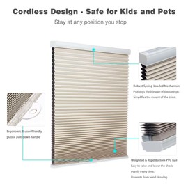 MYshade Blackout Cordless Cellular Shades Honeycomb Shades for Indoor Windows Room Darkening Blinds for Home Office Pull Down Window Shades Easy to Install 29 inch Wide, H72 Beige Pleated Shades