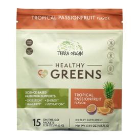 TERRA ORIGIN Greens Powder Superfood Supplement | 15 Packets | Supports Digestion | with Probiotic Blend, Digestive Enzymes, Antioxidants, Spirulina, Chlorella | Tropical Passionfruit
