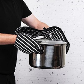 Heat Resistant Cotton Double Oven Traditional Still Modern Stripe Quilted Gloves Pot Holder For Home Kitchen Baking (Black)