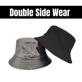 Hybursky Shiny Metallic Bucket Hat for Festival Party Reversible Packable Bucket Hats Waterproof Rain Sun Cap for Women Men Beach Fisherman Hats Hiking Outdoor(Black)