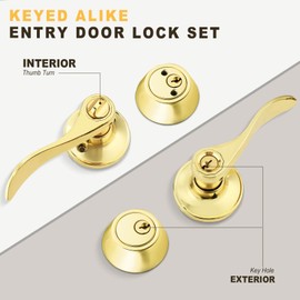 Brotima 3 Pack Exterior Door Lock Set, Double Cylinder Deadbolt with Wave Style Lever Door Handle, Polished Brass Wave Style Heavy Duty Door Lever Set for Bedroom,Exterior Doors