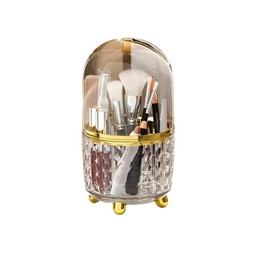 Makeup storage with lid, makeup brush holder with lid, 360 degree rotatable makeup brush holder, makeup brush tool storage, suitable for bathroom dressing area（golden）