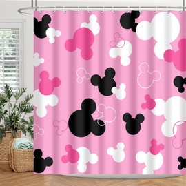 BIYSUC Pink Mouse Head Shower Curtain Black and White Children Cartoons Kids Bath Curtain Cute Animal Grey Bathroom Home Decor Waterproof Polyester Fabric 72Lx72W Inch with 12 Pack Hooks