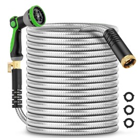 200Ft Metal Garden Hose durable stainless steel Water Hose, flexible, lightweight hose is resistant to kinks and tangles.With 10-way nozzle, strong 3/4” metal fittings, and a Stop Valve.