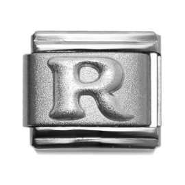Dolceoro Alphabet R Letter Initial, 9mm Traditional Classic Type Italian Modular Charm Bracelet Link - Satin SILVER Stainless Steel