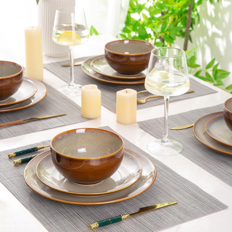 LeRatio Ceramic Dinnerware Sets for 6,18-Piece Plates and Bowls,Handmade Reactive