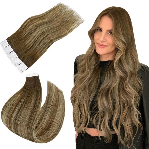 Easyouth 4/27/4 Real Hair Tape-In Extensions, Ombre, Remy Real Hair, Medium Brown Mix, Honey Blonde and Medium Brown, 30 cm, 30 g