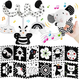 Black and White High Contrast Baby Toys for 0-6 Months Newborn,Car Seat Toys for Baby Boys or Girls,Baby Hanging Rattle Toys Soft Cloth Book for Crib Mobile Brain Development Infant Toys Baby Gifts