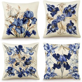 BCKAKQA Decorative Throw Pillow Covers Set of 4 Navy Blue Flower Cushion Covers 45 x 45 cm Boho Linen Square Throw Pillow Cases 18 x 18 Inch for Living Room Bedroom Sofa Couch Bed Pillowcases