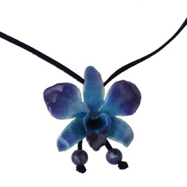 NOVICA Artisan Handmade Natural Orchid Sodalite Long Necklace Flower Lariat Leaf Leather Blue Thailand Floral 'Midnight Blue'