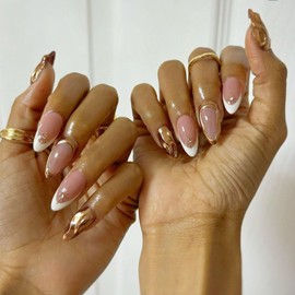 IMSOHOT French Tip Press on Nails Medium Almond Fake Nails Nude White False Nails with 3D Gold Chrome Design Glossy Acrylic Glue on Nails Full Cover Stick on Nails for Women 24Pcs
