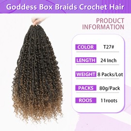Goddess Box Braids Crochet Hair 24 Inch Crochet Hair for Black Women Boho Box Braids Crochet Hair 8 Packs Crochet Braids Hair Pre Looped 3X Bohemian Crochet Braids Synthetic Hair with Curly Ends (T27)