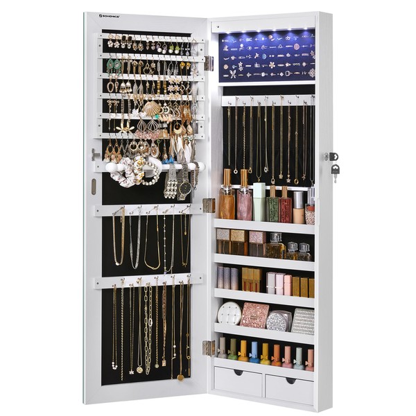 SONGMICS Hanging Jewelry Cabinet, Wall-Mounted Cabinet with LED Interior Lights, Door-Mounted Jewelry Organizer, Full-Length Mirror, Gift Idea, White UJJC99WT