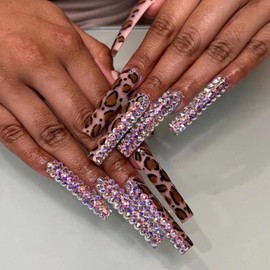 YoYoee Diamond Inlaid Manicure Press on Nails Leopard print Fake Nails Long Coffin False Nails Acrylics Full Cover Tips for Women and Girls 24PCS