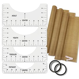 T-Shirt Alignment Ruler Heat Resistant Tape 10mm X 33m 108ft, PTFE Teflon Transfer Sheet 16 x 20" - 4 Rulers, 2 Rolls Heat Resistant Tape, 3 Packs PTFE Teflon Sheet and 1 Tape Measure Included