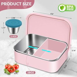 Winceed Stainless Steel Bento Box for Kids,28.7oz Metal Lunch Container with Removable Silicone Divided,Leak Proof Reusable Bento Lunch Box with Silicone Lid,Including 2.4oz Sauce Containers-Pink