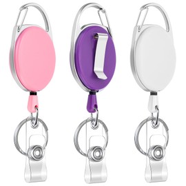 JEFURE 3pcs Retractable Badge Reel, Badge Holder, Extendable Id Card Holder, Lanyard Clip, Extendable Keyring with Clip, Heavy Duty Keychain, Fob Holder (Pink, White, Purple)