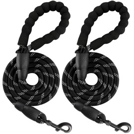 BARKBAY 2 Pack Dog leashes for Large Dogs Rope Leash Heavy Duty Dog Leash with Comfortable Padded Handle and Highly Reflective Threads 5 FT for Small Medium Large Dogs(Black+Black)