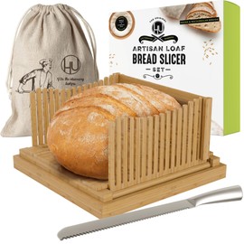 LHU Bamboo Wooden Bread Slicer Kit - Adjustable Guide, 10-Inch Knife, Bag for Homemade, Sandwich & Sourdough - Round Loaf Cutter