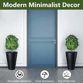 Set of 2 Tall Outdoor Planters 12 x 18 Inch Large Outdoor Planters Resin Outdoor Planters for Front Porch Flower Round Floor Planter Decorative Indoor Planter Pots with Drainage, Black