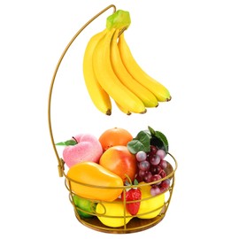 DIYZON Countertop Fruit Basket Bowl with Banana Hanger, Modern Standing Fruit Vegetable Bowl Storage, Storage Basket Fruit with Fruit Hook, Suitable for Kitchen Countertop (Round Wood, Gold)