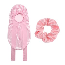 1 Piece Elastic Band Long Night Hat with 1 Piece Hair Scrunchie, Pink Turban Hat, Women's Satin Hat, Silk Hat for Sleeping, Adjustable Night Cap, Curl Hat