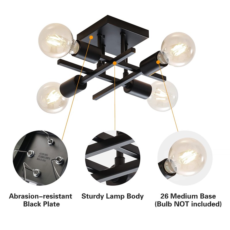 Eidonta Industrial 4-Light Semi Flush Mount Ceiling Light Fixture, 3