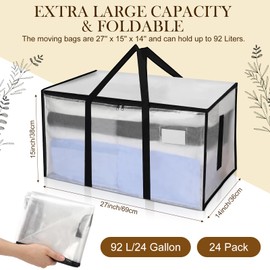 Wowangce 24 Pack Heavy Duty Moving Bags with Zippers and Handles Extra Large Storage Bags Space Saving Moving Boxes Collapsible College Packing Totes for Moving, Storage and Travel, 92L(Clear)
