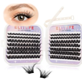 Elitefe Lash Extension Kit DIY 280Pcs Lash Clusters Kit Eyelash Extensions 10-16MM Individual Lashes Extensions with Lash Bond and Lash Tweezers (168Pcs, Plush Dress, 0.07D 8-18mm)