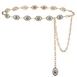 FIORETTO - Cinturón de cadena para mujer, diseño ovalado, de metal, para vestir, Turquesa-Oro17, Fit Waist up to 40"