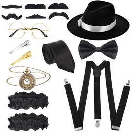 SATINIOR 1920s Old Men Costume Roaring Retro Accessories Set Gangster Hat Bow Tie Pocket Watch Suspender Glass Beard Tie Clip(Cotton Black, Stylish Style)