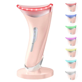 Dopsikn 7 Color Light Therapy Facial Massager with Adjustable Vibration and Thermals for Wrinkles, Double Chin, Red Light Skin Care Tool with Base, Pink