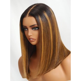 Julia Hair 12 Inch Brown Piano Highlight Blunt Bob Wig With Dark Roots Put on and Go Silky Straight Bob Wigs 7x5 HD Bye Bye Knots Lace Invisible Knots Short Wig Pre Plucked Pre Cut Natural Looking