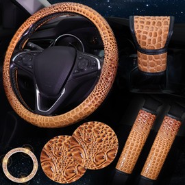 ToBeQueen 7 Pcs Vintage Western Steering Wheel Cover Set - Wood Grain Crocodile Steering Wheel Cover Universal Fit 15 in, Seat Belt Cover, Car Coaster, Shift Knob Cover, Car Start Rings, Brown