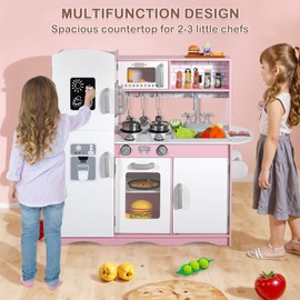 TODEFULL Wooden Kids Kitchen Playset, Modern Wooden Play Kitchen Sets w/Lighted Stove, Oven, Microwave & Ice Maker, Little Chef Pretend Play Kitchen for Girls and Boys (Pink)