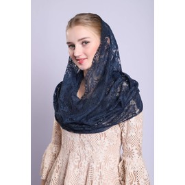 Grettytling Soft and Comfortable Mantilla Veils 5 Colors Spanish Style Lace Infinity Veil Mantilla Latin（Dark Blue)