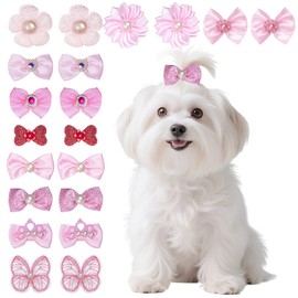 Haakong 20 Pcs Pink Small Dog Hair Bows with Rubber Bands Elastic Handmade Mix Style Lace Rhinestone Pearls Hair Ties Flower Bow for Puppy Cats Dogs Girls(Lovely Pink)