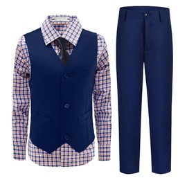 KEYWANTS Boys Blue Suit Size 12 Big Boy Birthday Outfit Kids Wedding Tuxedo Suits Vest and Pants Set with Plaid Shirt and Tie