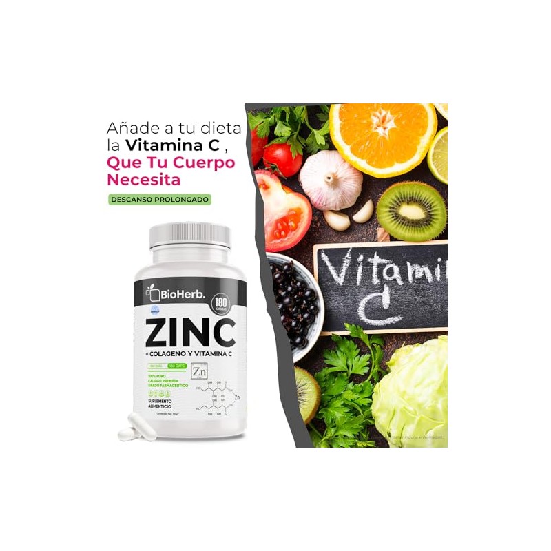 Bioherb Zinc Colageno Vitamina 180 Capsulas 500mg Extremadamente Eficaz Recuperacion