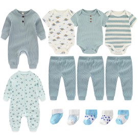 Ruliby Baby Boy Bodysuit and Pant Sets Ribbed Romper Soft Newborn Clothes Outfits Layette Gift Set 9-12 Month