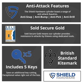 Euro Cylinder Door Lock Thumb Turn Chrome - BSI TS007 Sold Secure Gold Anti-Snap - Includes 5 Keys 40T/45