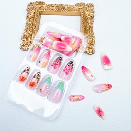 24pcs Pink Press on Nails Medium Almond Fake Nails with 3D Flower Pearl Water Drop Designs Gold Beads Glue on Nails French Tip False Nails French Gradient Full Cover Stick on Nails for Women