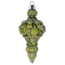 Karma, Christmas Hanging Ornament, Silver Glitter Leaf Scroll Glass Finial Ornament Sage