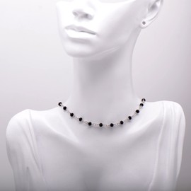 White Gold Filled Wire Wrapped Black Onyx Rondelle Beads Chain Choker Necklace, 15 Inches