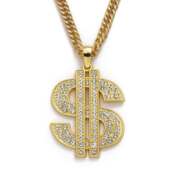 Gold Chain with Dollar Sign Big Money Necklaces for Men Women,Stainless Steel Iced Out Rhinestone Jewelry,Fashion Pendants with 28 Inches Chain