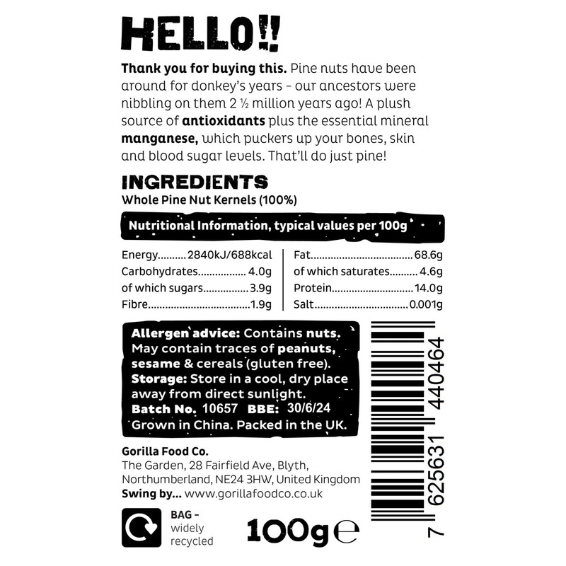 Gorilla Food Co. Natural Pine Nuts (Kernels) - 100g
