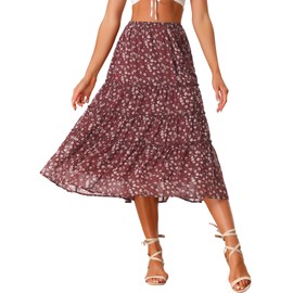 Allegra K Women's Floral Skirts Chiffon A-line Long Tiered Ruffle Boho Midi Skirt XS-3XL Brown Medium
