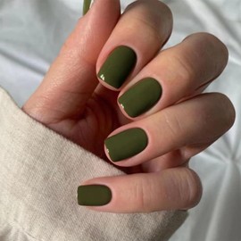 Olive Green Press on Nails Short Square, Natural Gel Nails Glue on Fall Colors 2025 Trendy Acrylic Nails Press ons Featured Protective Coat Reusable Fake Nails 24Pcs Short Coffin Nails