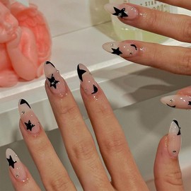 Mkwntg Black Stars Press on Nails Almond Medium Fake Nails with Rhinestone Designs Glossy Glue on Nails Nude Pink Acrylic Nails Natural Reusable Stick on Nails for Women Manicure Decorations 24Pcs